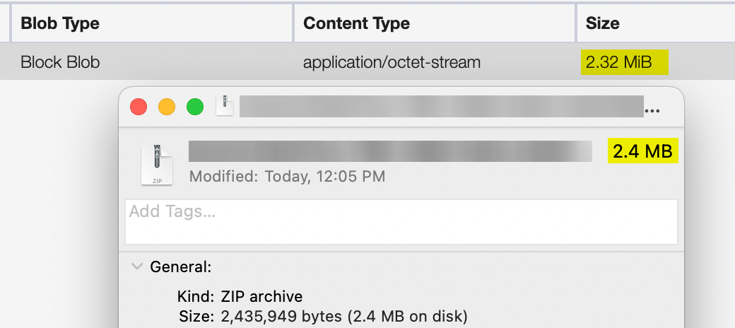 left size: Azure Blob 2.32 MiB, right side: Windows Explorer 2.4 MB