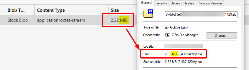 left size: Azure Blob 2.32 MiB, right side: Windows Explorer 2.32 MB